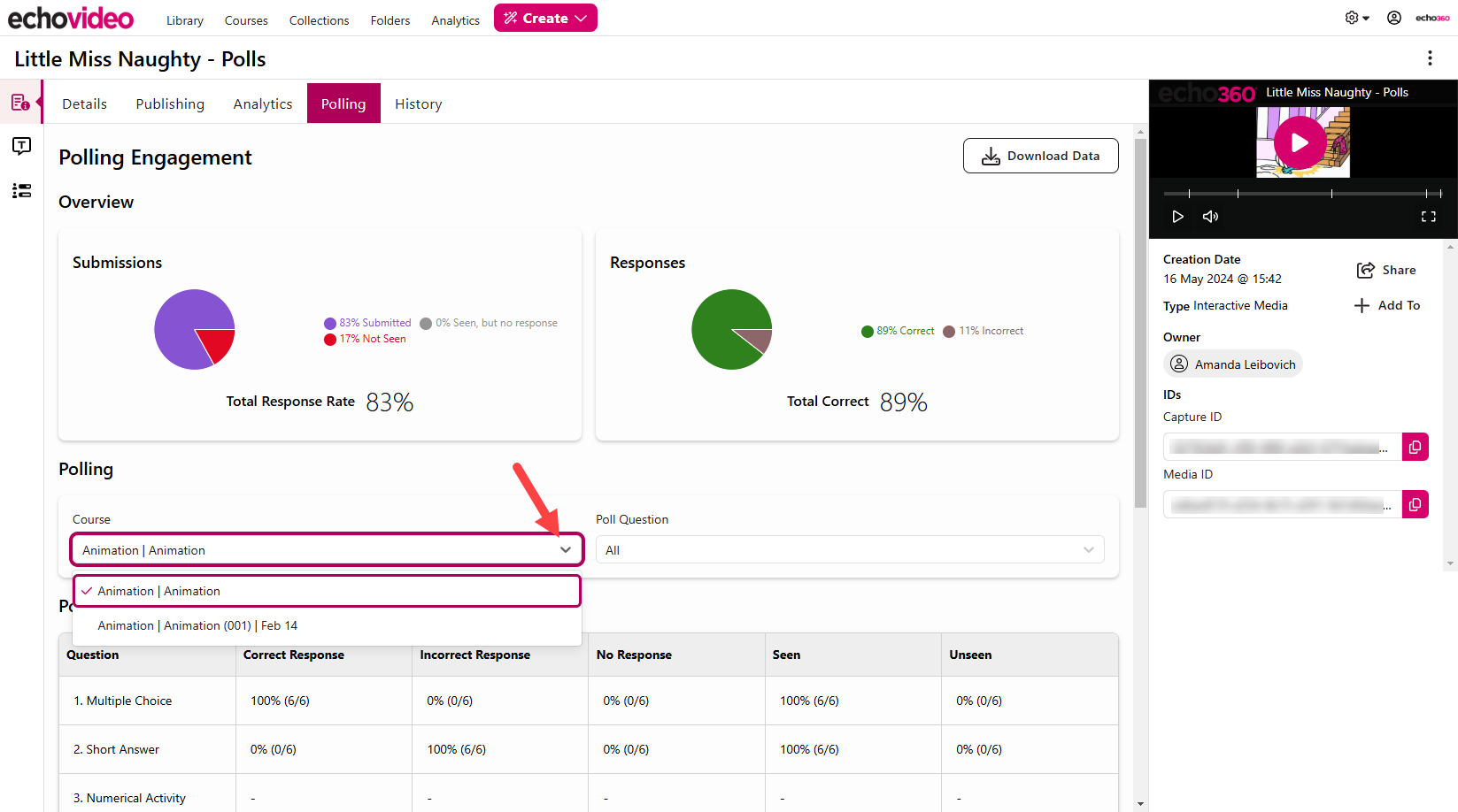 media details polling tab with Course drop-down list open showing one Echo360 course locations as described