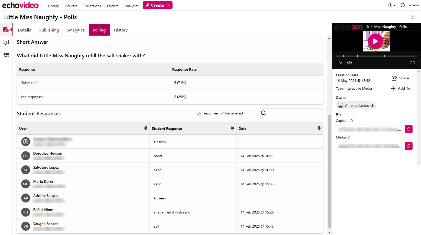 Student response table showing filtered responses to short answer poll as described