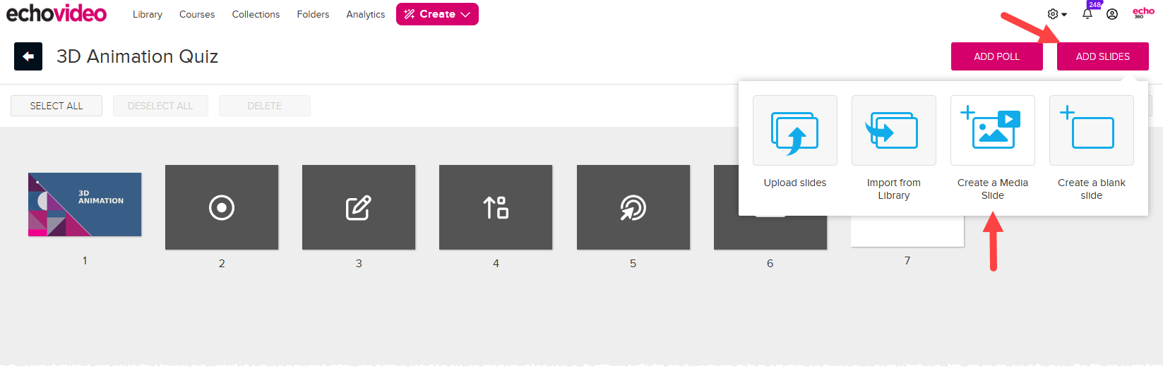 Edit presentation page with add slides menu open and create a media slide option identified as described