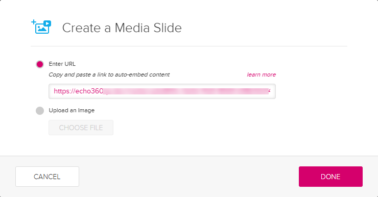 Create a media slide modal containing URL field for pasting copied video link as described