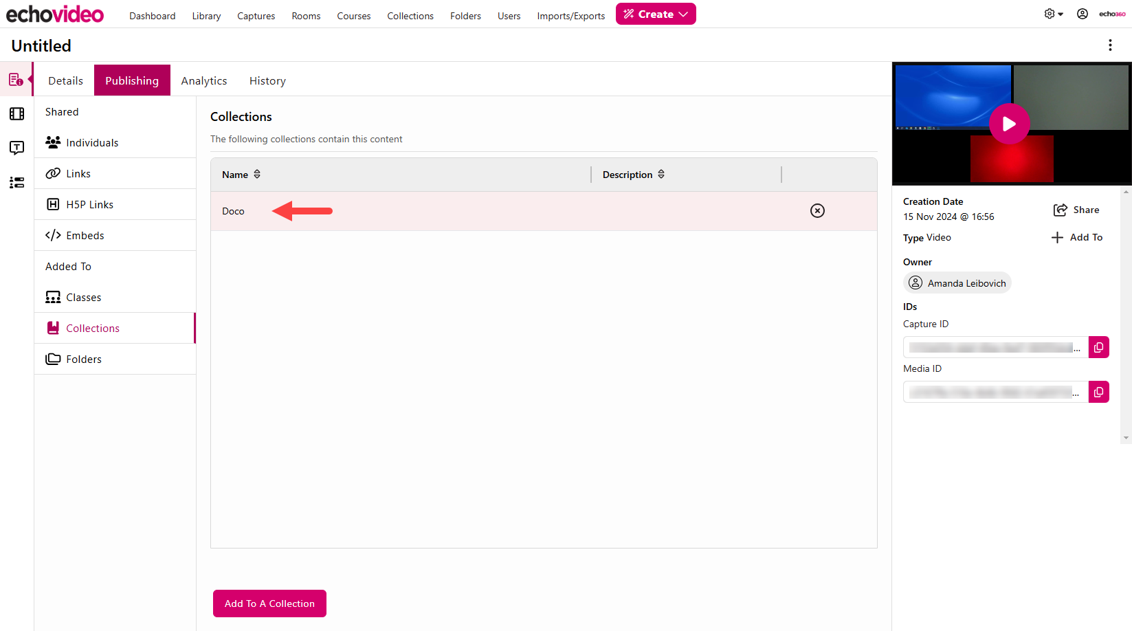 Collection list with selected collection from procedures now showing in the Collections share list as described