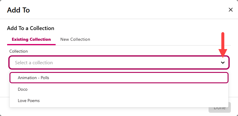 Share to Collections drop-down list open and collections listed for steps as described