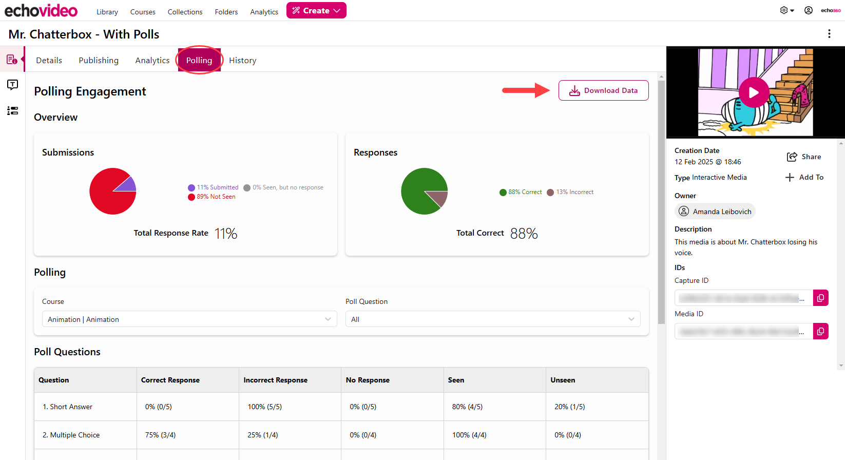 Media details page with Polling tab and Download Data button identified as described