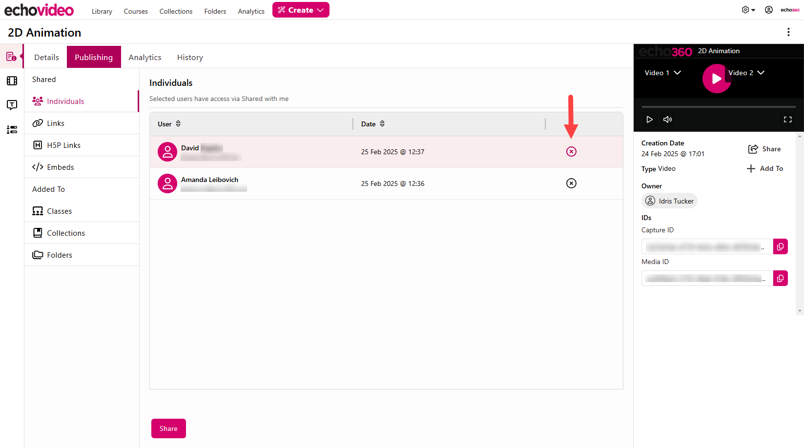 Share Settings area of the media details page with individual shares shown and unshare X icon identified as described