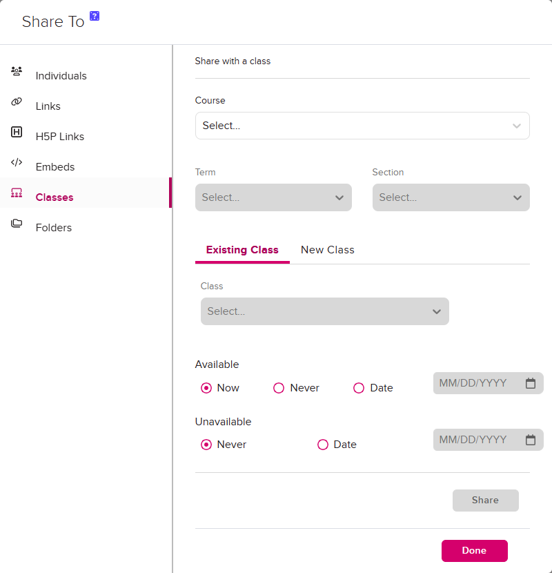 Share Settings modal with Class tab identified and selected as described