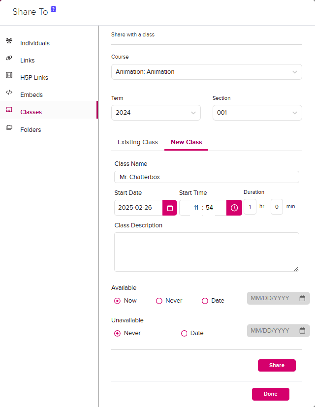 Share to class modal with new class selected and class details entered as described