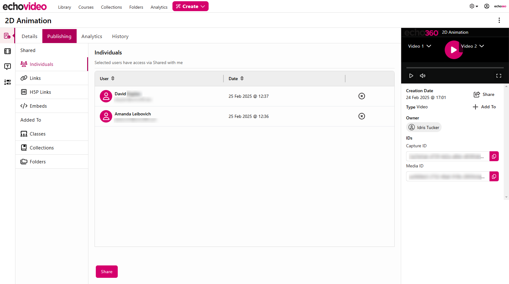 Share Settings area of media details page with individual shares listed as described