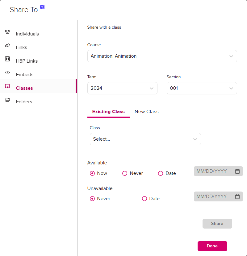 Share to class modal with course, term, and section selections identified for steps as described