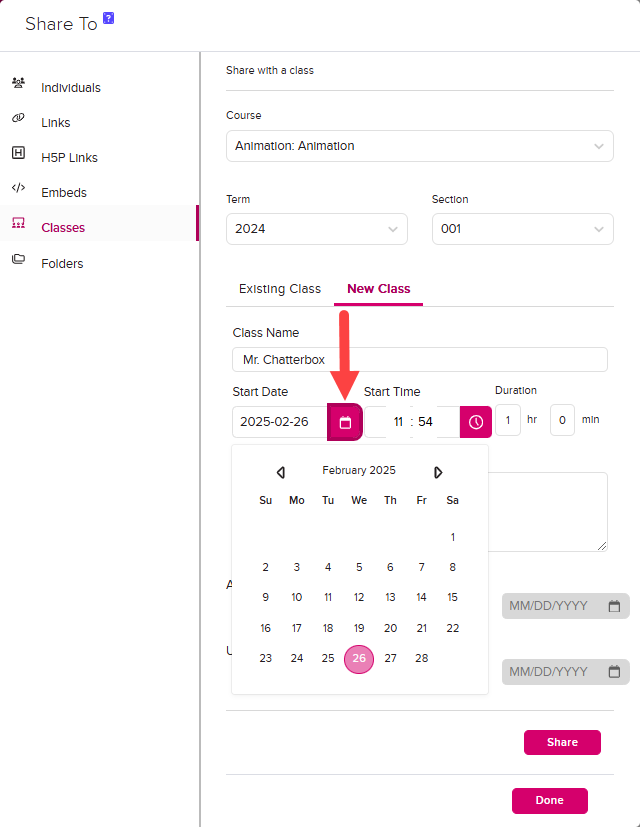 Share to New Class options selected with Date field active and Calendar date picker showing as described