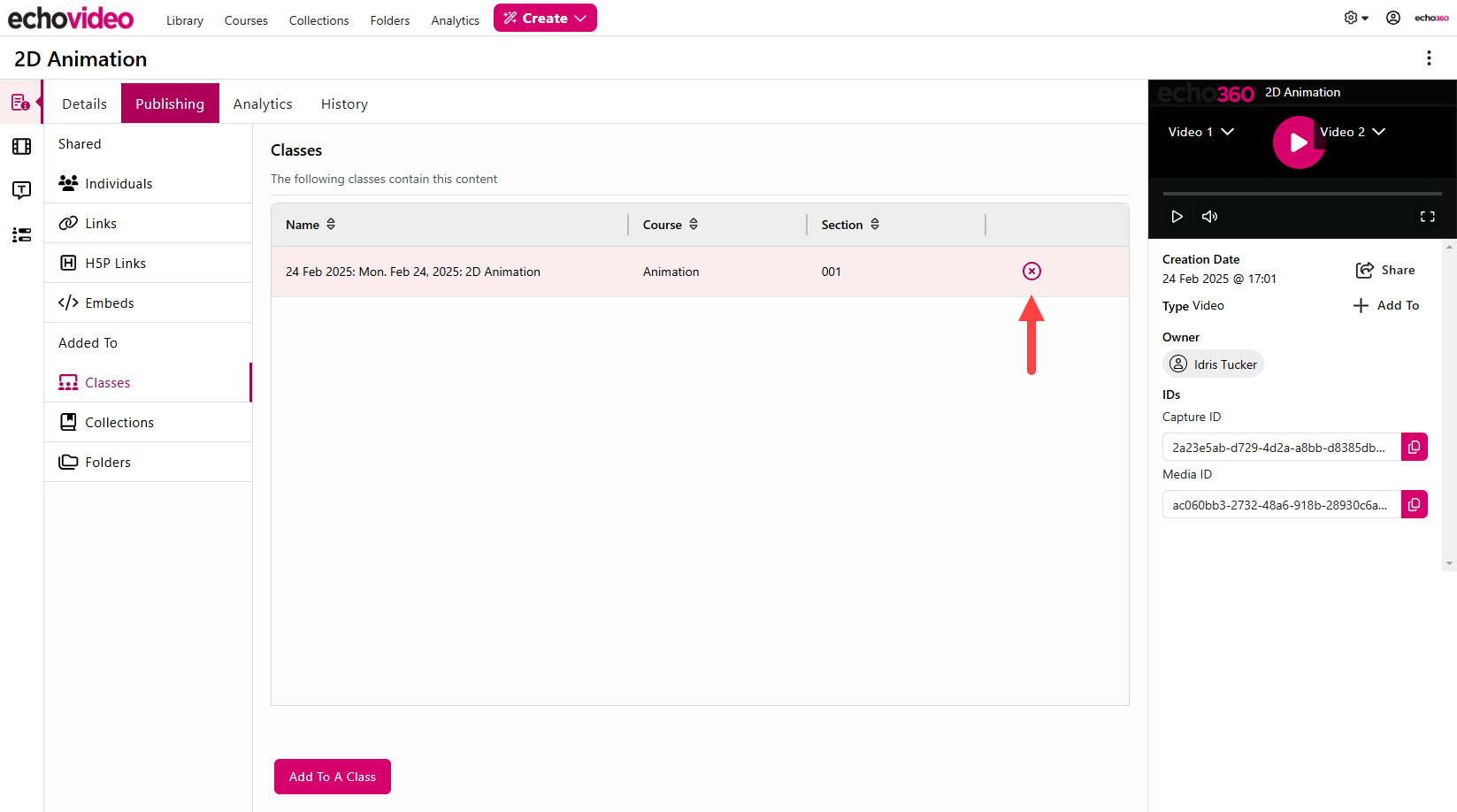 Classes Shares section of content details page with unpublish X identified for steps as described