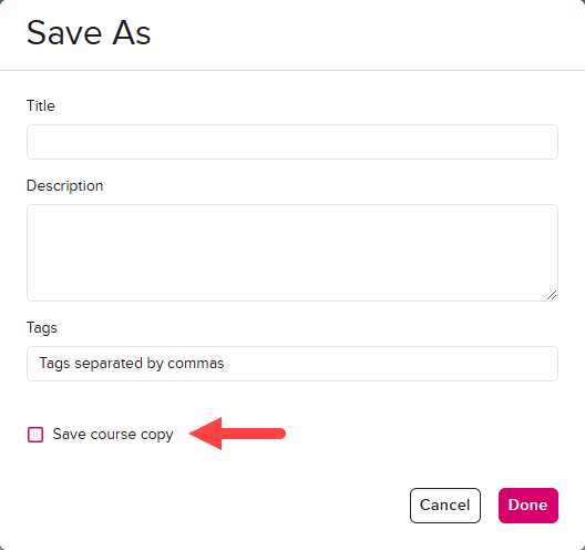 Save As modal with Save Course Copy checkbox identified