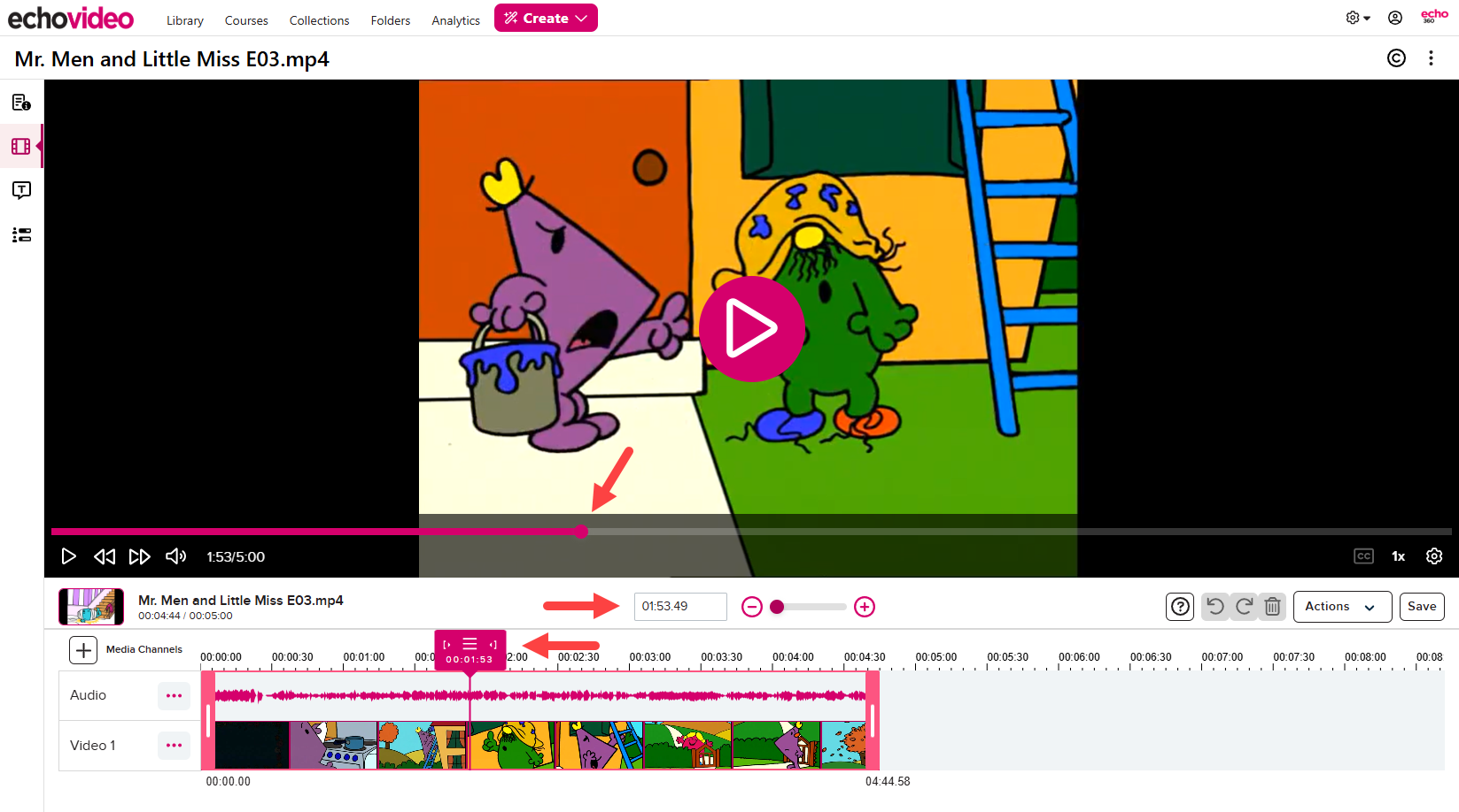 Media editor with cursor shown having dragged playhead to a playback location and cut marker and timestamps all synchronized to the same location as described