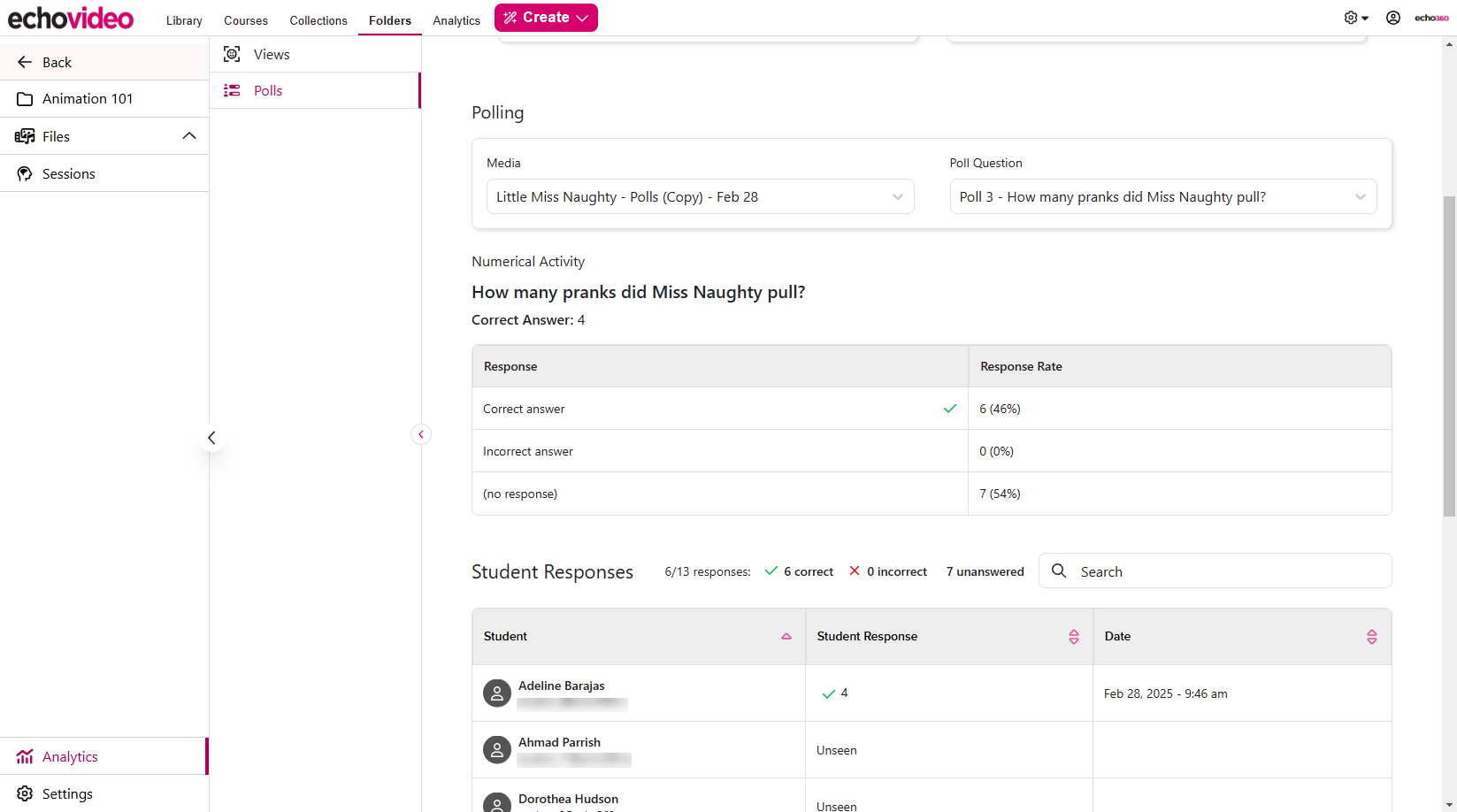 Folders opened to Analytics, Polls with the Poll Question selected and detailed response information shown