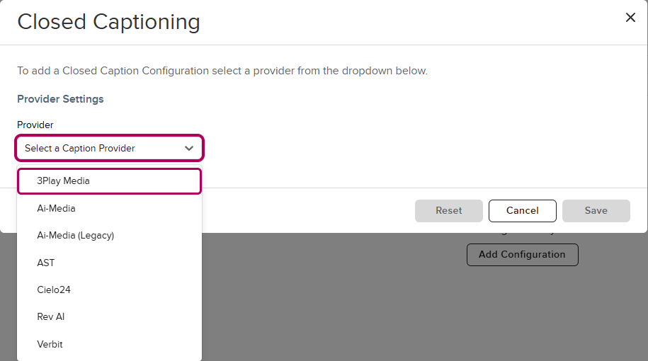 Requested configuration options for selected provider as described