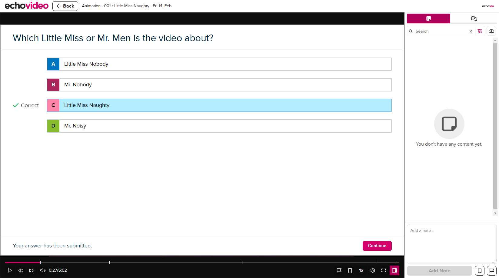 embedded poll screen after a response selection is submitted with Continue button shown as described