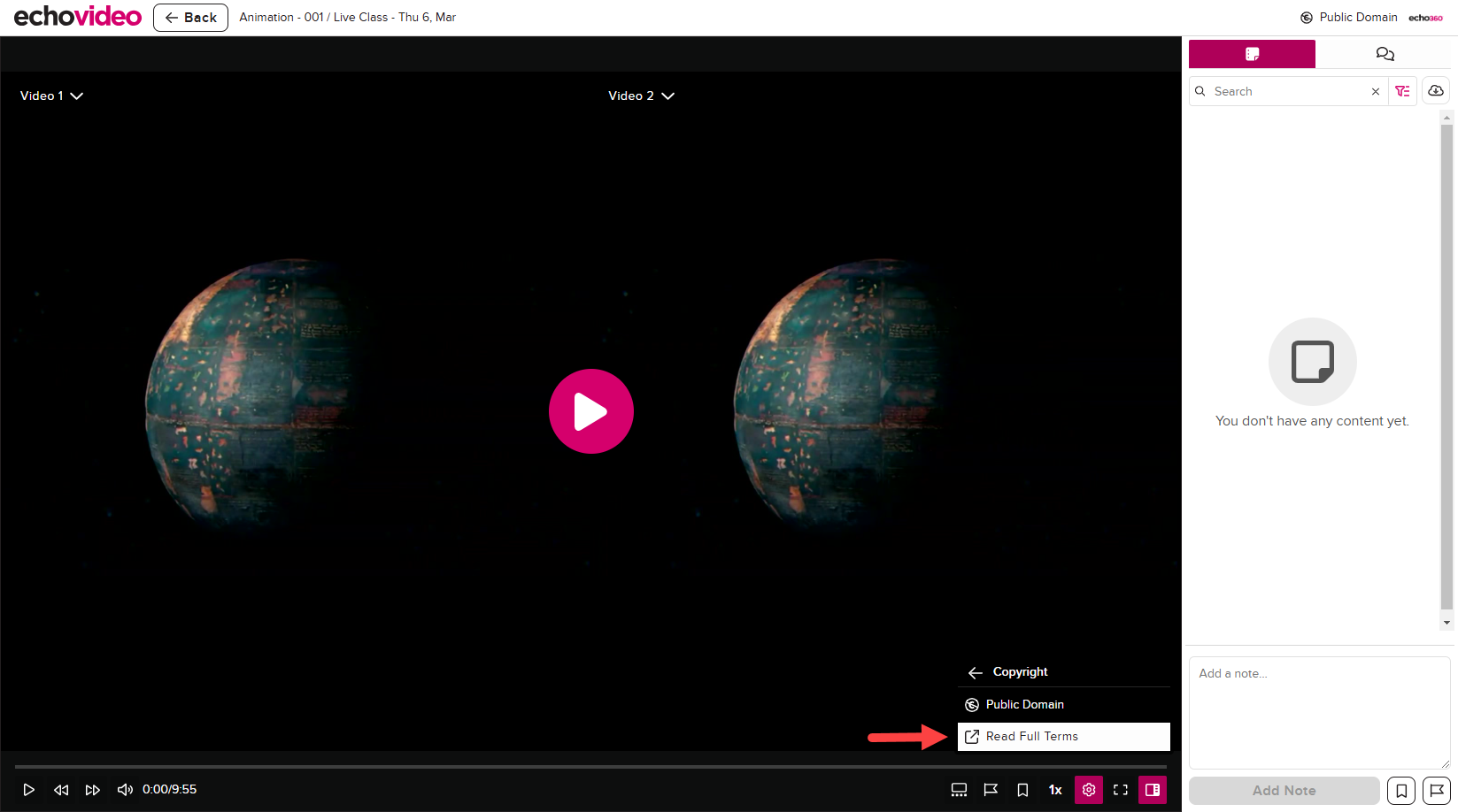 EchoVideo Player with Copyright menu opened and Read Full Terms identified as described