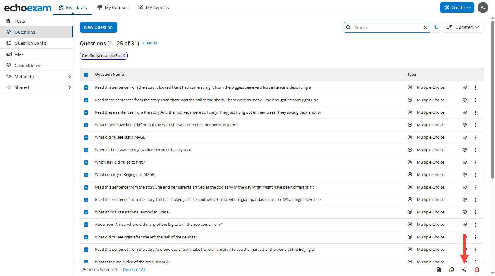 Multiple questions selected with the Share icon identified as described