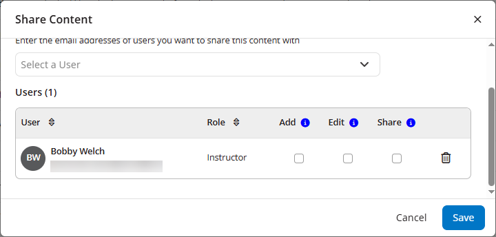 Share Modal open showing Add, Edit, and Share options as described