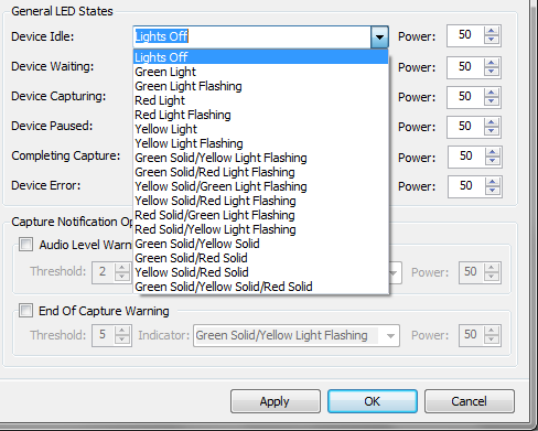 device configuration dialog box with options as described