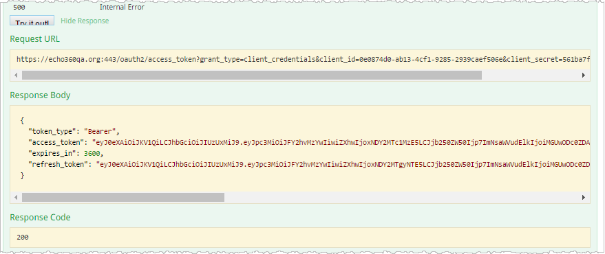 access token request response with values as described