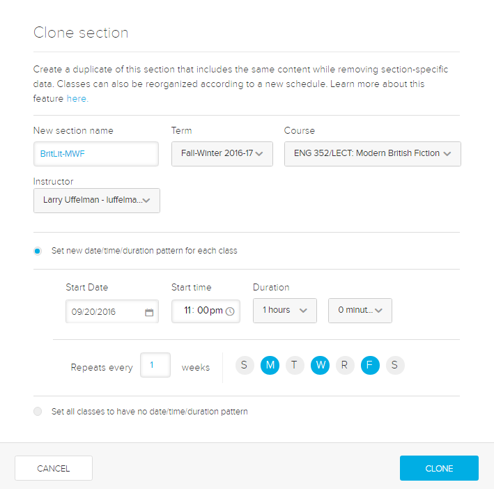 clone section dialog box with options for steps as described