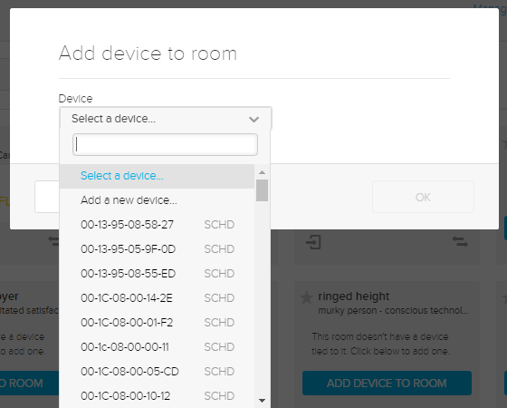 Add device to room dialog box with select a device drop-down list shown