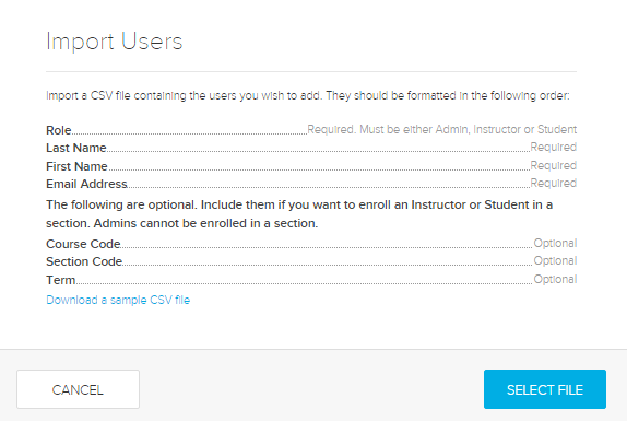 Import users dialog box for steps as described