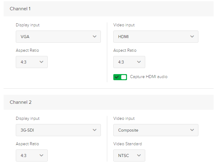 PRO device configuration channel inputs showing all possible selections as described