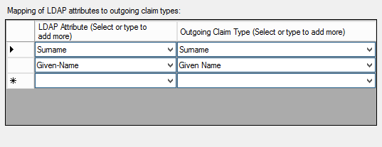 LDAP Attributes section of outgoing claim type mapping for steps as described