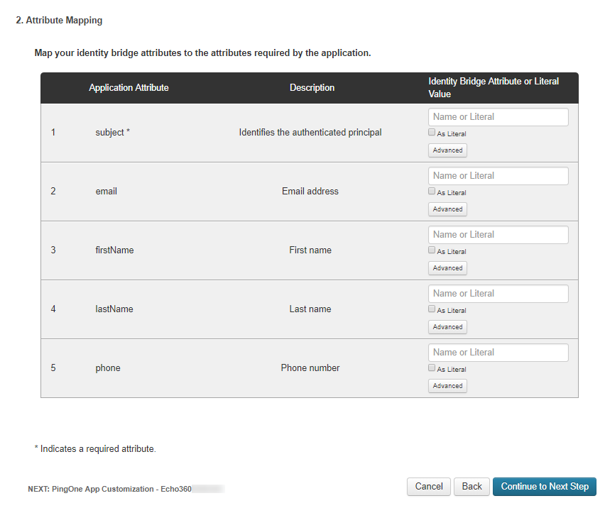 PingOne Attribute Mapping page with options and fields for steps as described