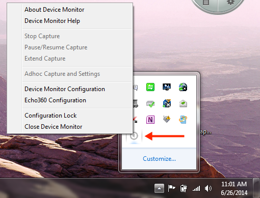 System Tray icon menu for device monitor with options as described