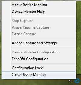 sys tray menu with options locked as described