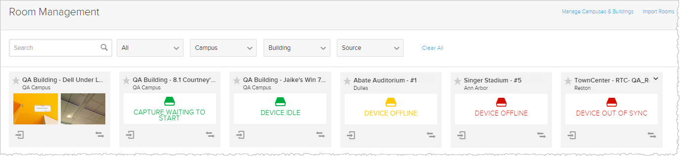 Room management page with room tiles showing device statuses as described