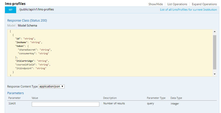 Swagger docs showing GET all lms profiles operation as described