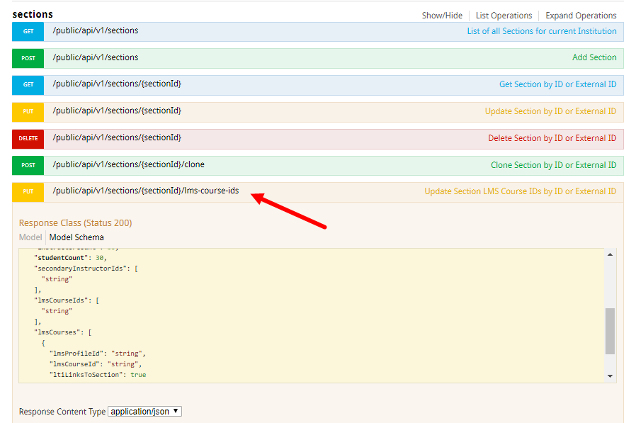 Swagger docs showing expanded PUT for section lms course ids operation as described