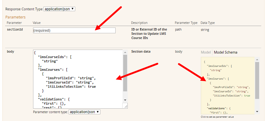 PUT section lms course id operation parameters for steps as described