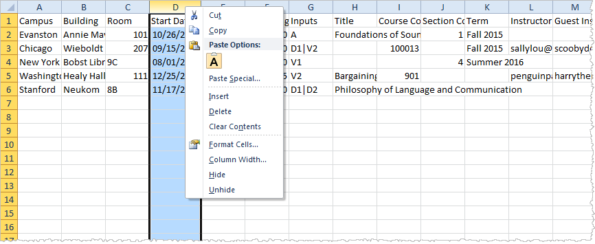 Section of CSV file with date column selected and shortcut menu showing as described