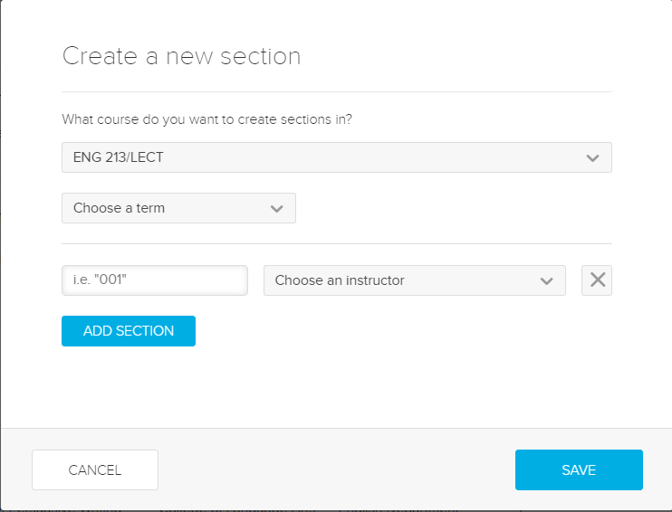 Create new section dialog box with fields and selections for steps as described