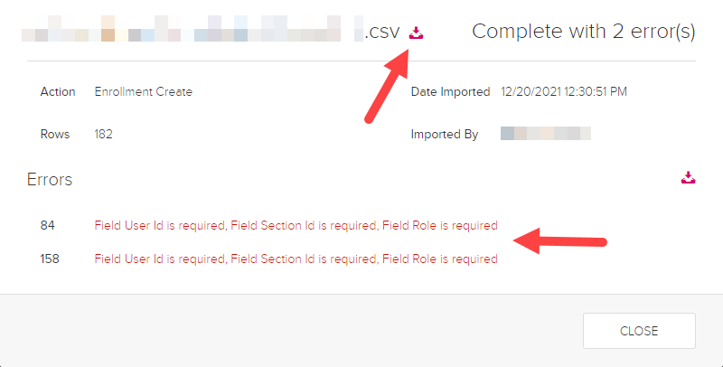 Error list for import with row numbers and error messages and download file link as described