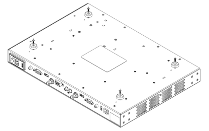 drawing of underside of PRO device indicating removal of plastic feet and screws as described