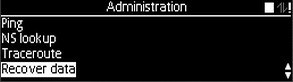 Administration menu with Recover data option selected as described