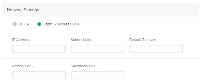 Network settings section of device configuration page with Static IP Address selected showing options for steps as described