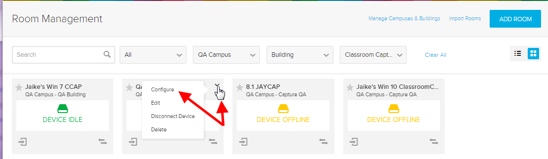 device menu with configure option identified as described