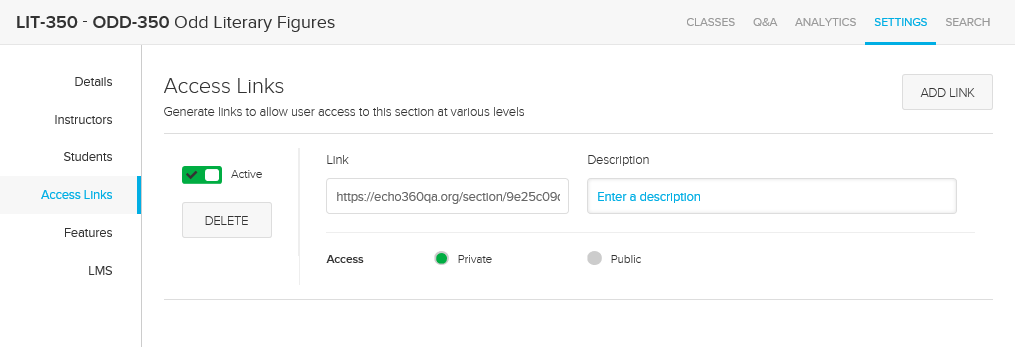 Section Access Links page for SSO institution after PingOne configuration changes