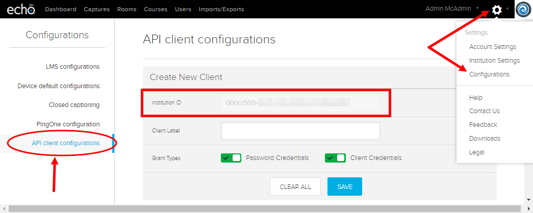 API Configurations page with arrows showing navigation to the page and the institution ID field as described