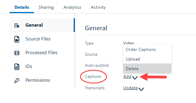 Administrator captions drop-down menu with options as described