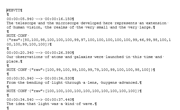 Example WebVTT transcript file returned from the ASR service with entry items as described