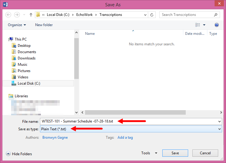 Save As dialog box in Microsoft Word with save as file type selection box identified as described