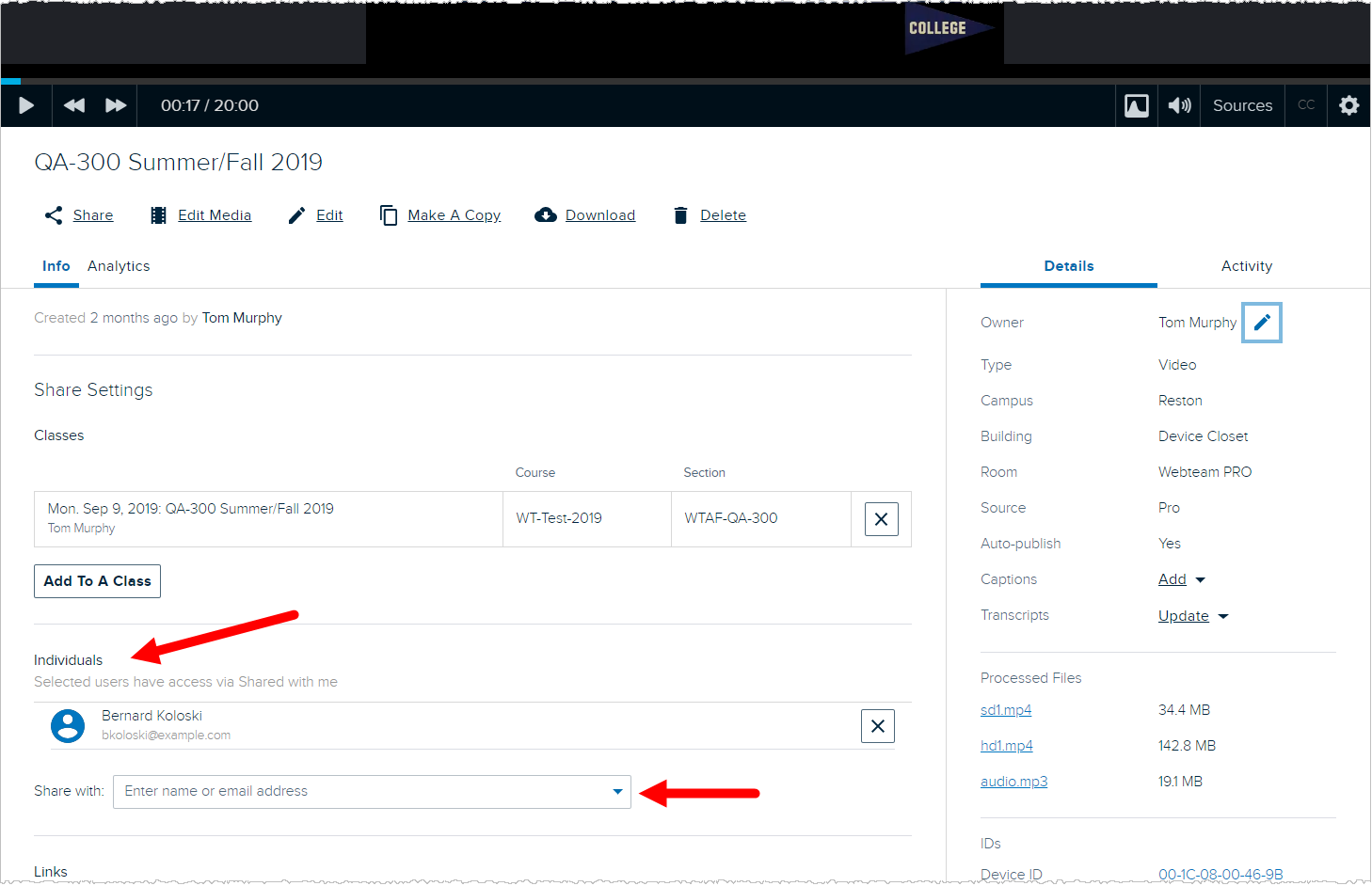 Media details page showing individual sharing options and information as described