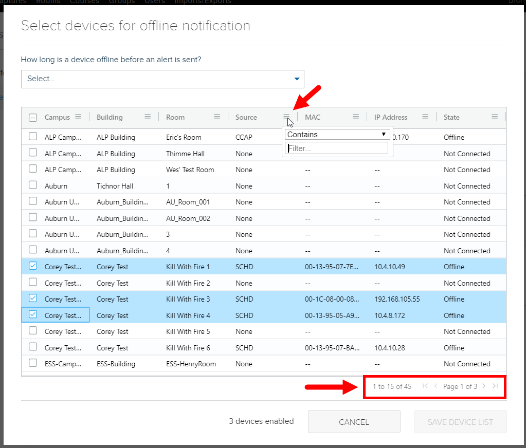 Select devices for offline or missing alert dialog box with filtering and pagination options identified as described